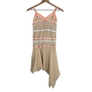 MISS BLUMARINE Beaded Silk Dress Girl's 8 25" Tan Pink Floral Embellished ITALY